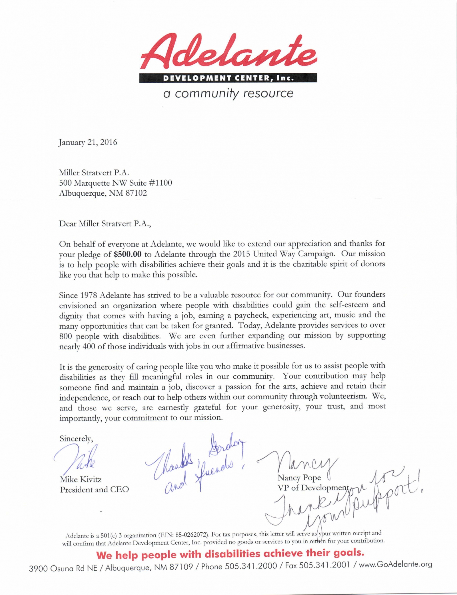 Miller Stratvert Supports Adelante