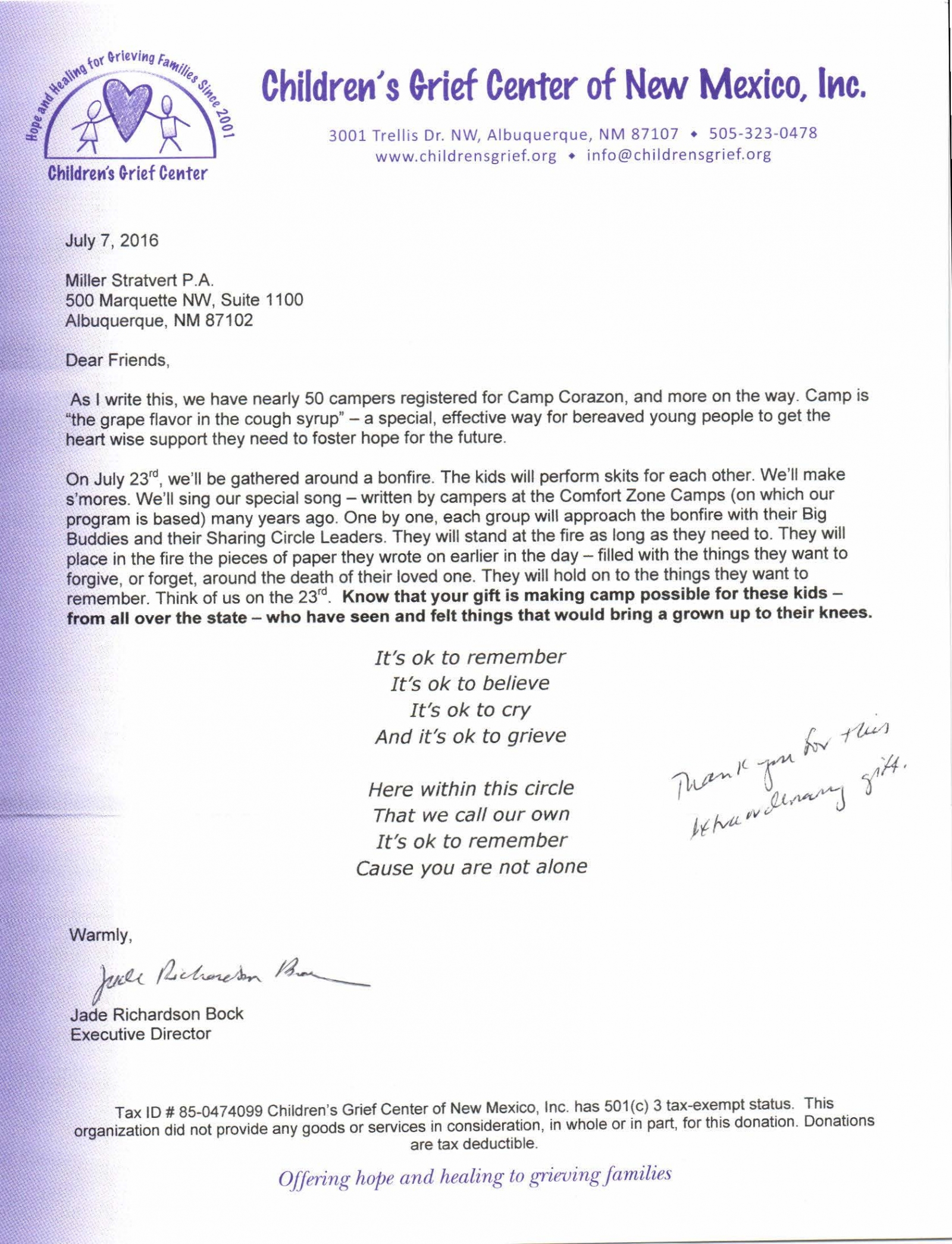 Miller Stratvert Supports Children's Grief Center of New Mexico, Inc.