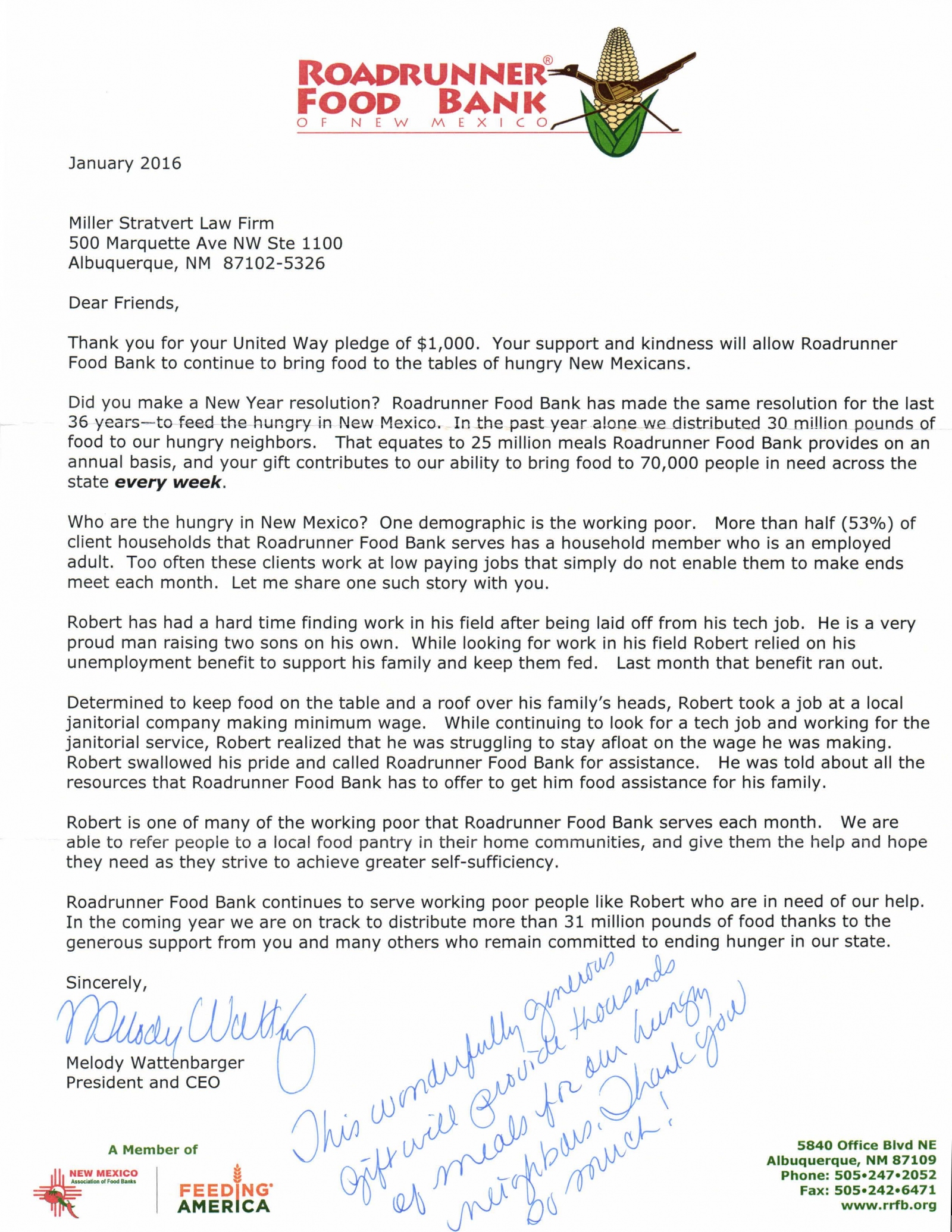 Miller Stratvert Supports Roadrunner Food Bank