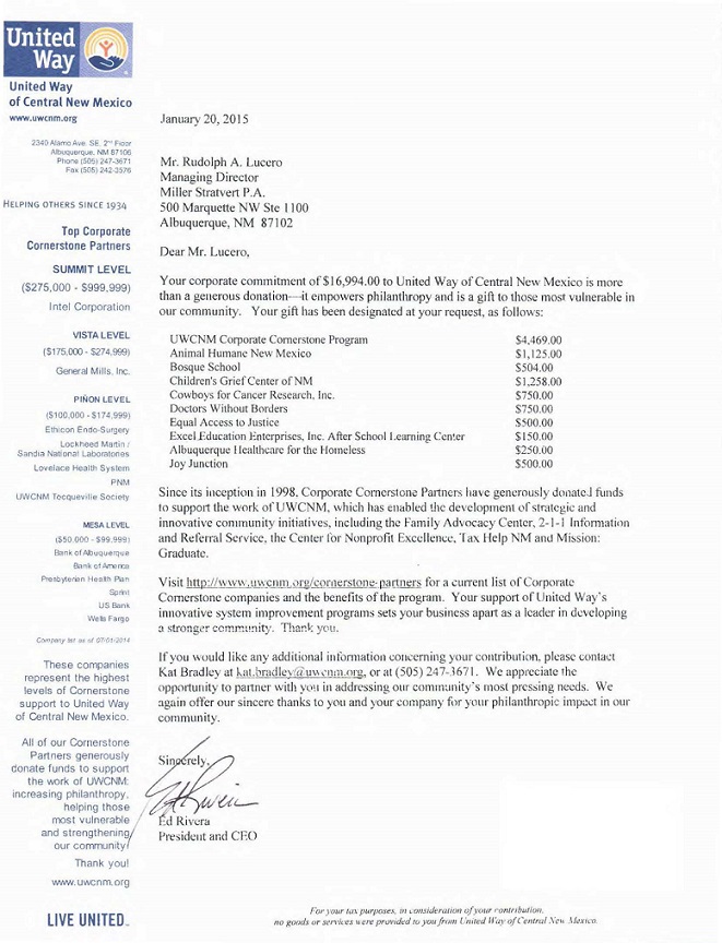 United Way letter